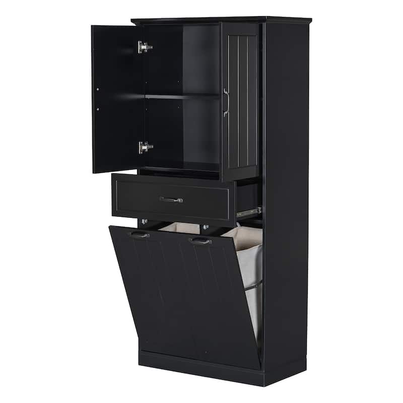 Roomfitters Bathroom Storage Cabinet with Double Laundry Hampers, Doors and Drawer Organizer