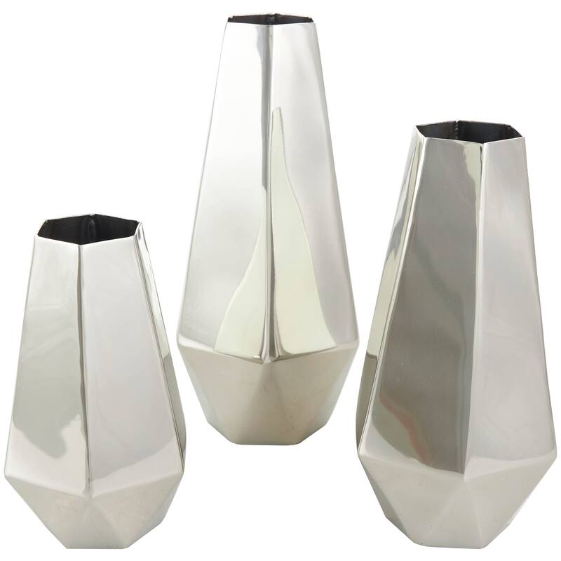 Silver or Gold Stainless Steel Metal Hexagon Shaped Geometric Vase with Varying Heights (Set of 3)