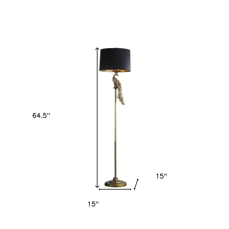HomeRoots 65" Gold And Black Floor Lamp With Black Fabric Drum Shade - 15" L x 15" W x 64.5" H