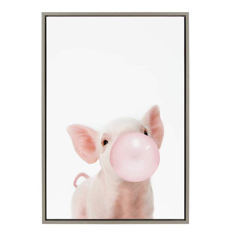 Kate and Laurel Sylvie Bubble Gum Piglet Framed Canvas by Amy Peterson - 23x33 - Plastic - Grey