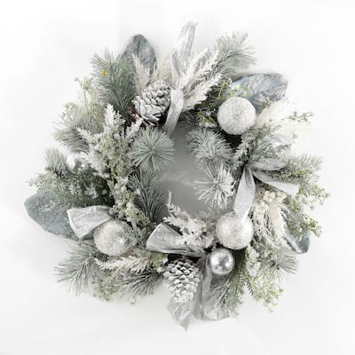 SAFAVIEH Faux 26 Inch Frosted Pine Wreath W/ Ornaments - Silver/Green - 26" W x 28" D x 6" H