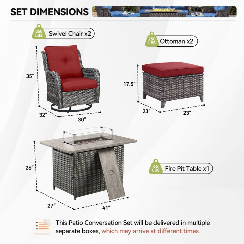 Fire Pit Table with Patio Glider Chairs Ottomans