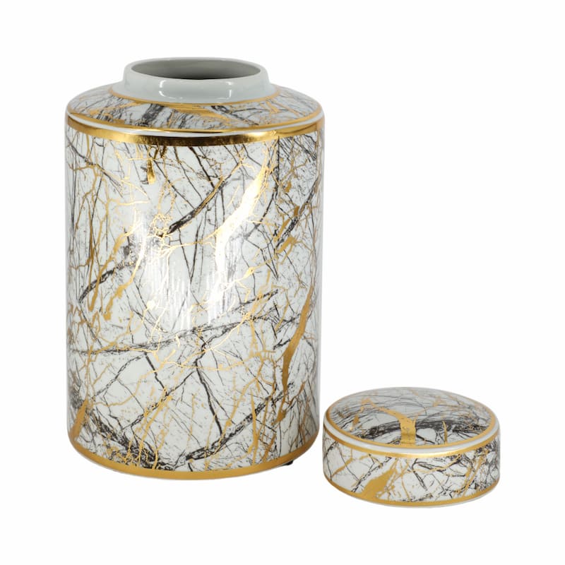 12" Ceramic Jar with Lid Contemporary Decorative Glassware in White, Black and Gold Storage Canister Decor - - 8" x 8" x 12"