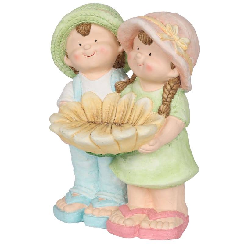 Boy and Girl Statue Holding Sunflower Birdbath