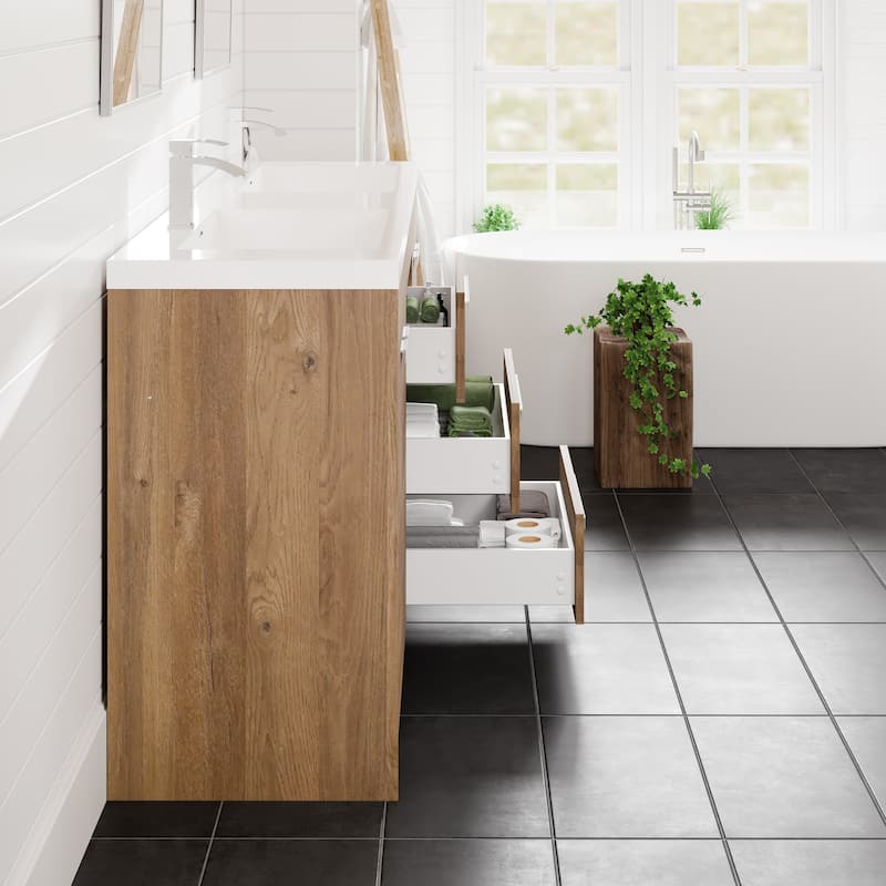 Lugano 72"W Natural Oak Freestanding Bath Vanity with Acrylic Top