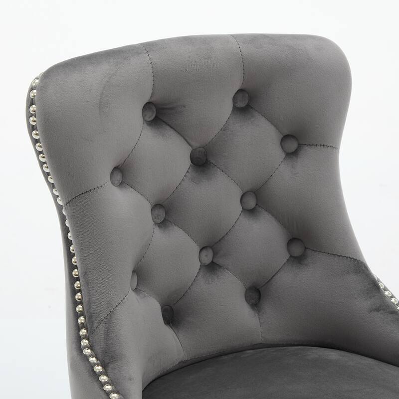 Velvet Swivel Bar Stools Set of 2, Button Tufted Bar Stools with Rivet Trim, Kitchen Stools with Metal Pull Ring & Footrest