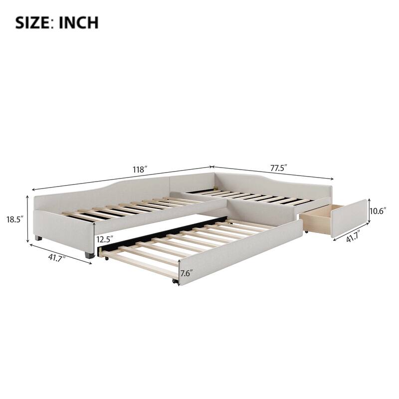 Upholstered Double Twin Size Daybed, Linen Fabric L Shaped Sofa Bed Frame with Pull Out Trundle Bed and Storage Drawers