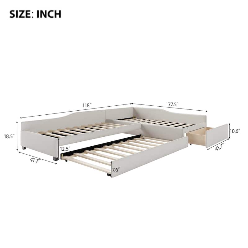 Upholstered Double Twin Size Daybed with Trundle and Drawer, Beige