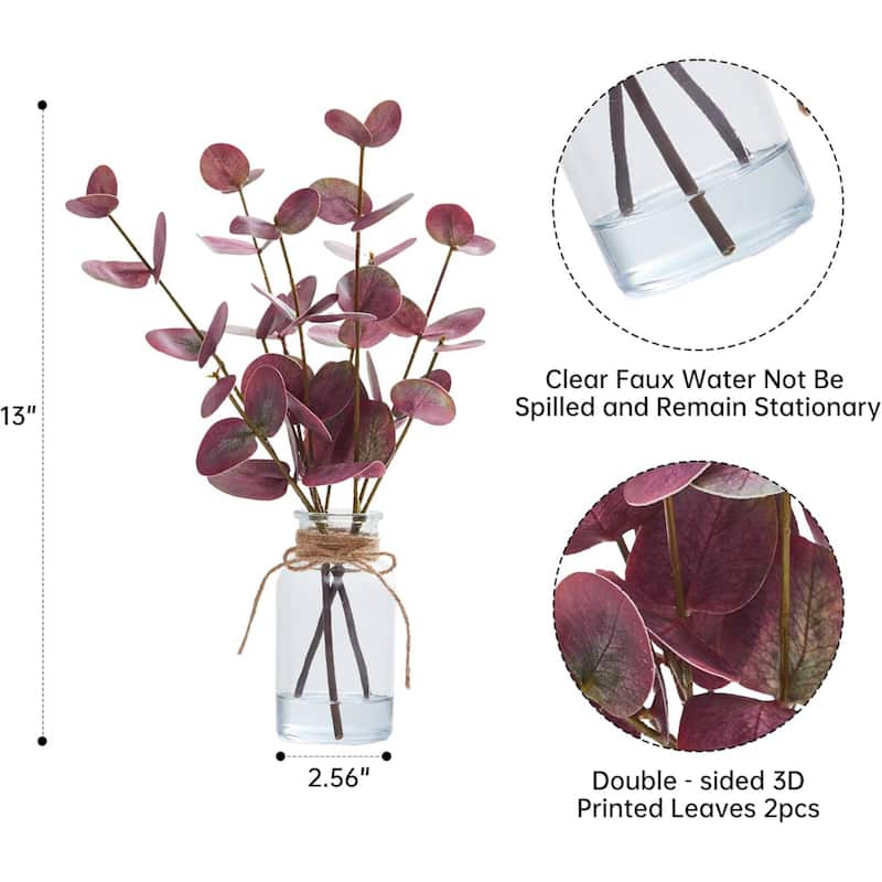 2PCS 13" Artificial Eucalyptus Stems in Vase with Faux Water for Home Decor - 2 pcs