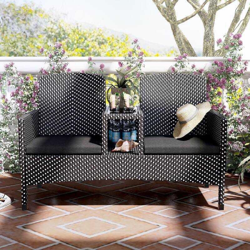 Lulu French Wicker Patio Loveseat with Built-in Glass End Table by Furniture of America - Black