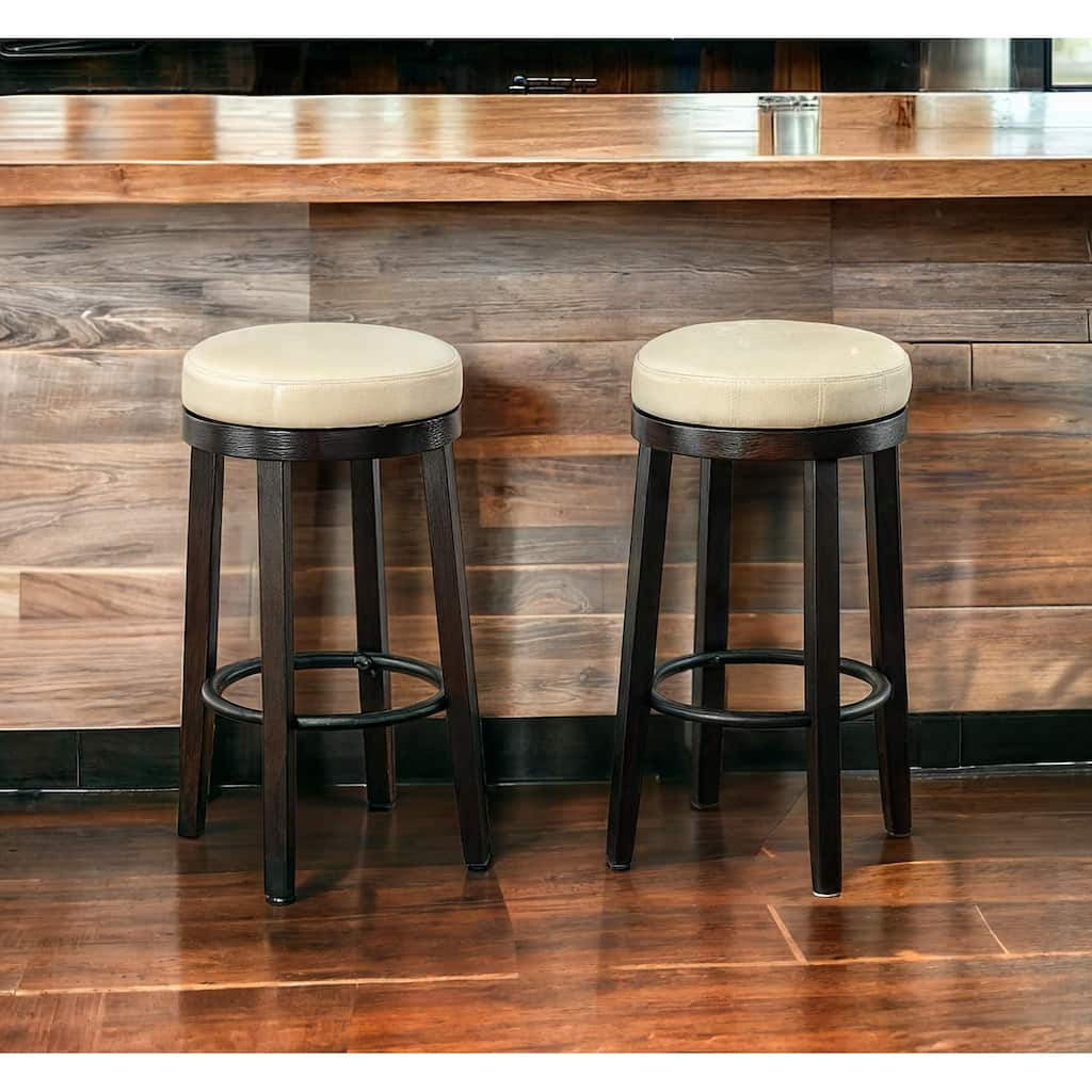 HomeRoots Set of Two 30" Cream And Espresso Faux Leather And Solid Wood Swivel Backless Bar Height Bar Chairs