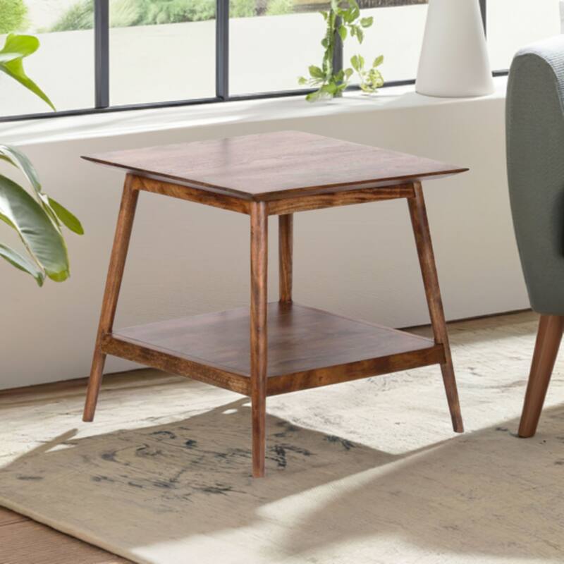 Solid Acacia Wood End Table with Shelf