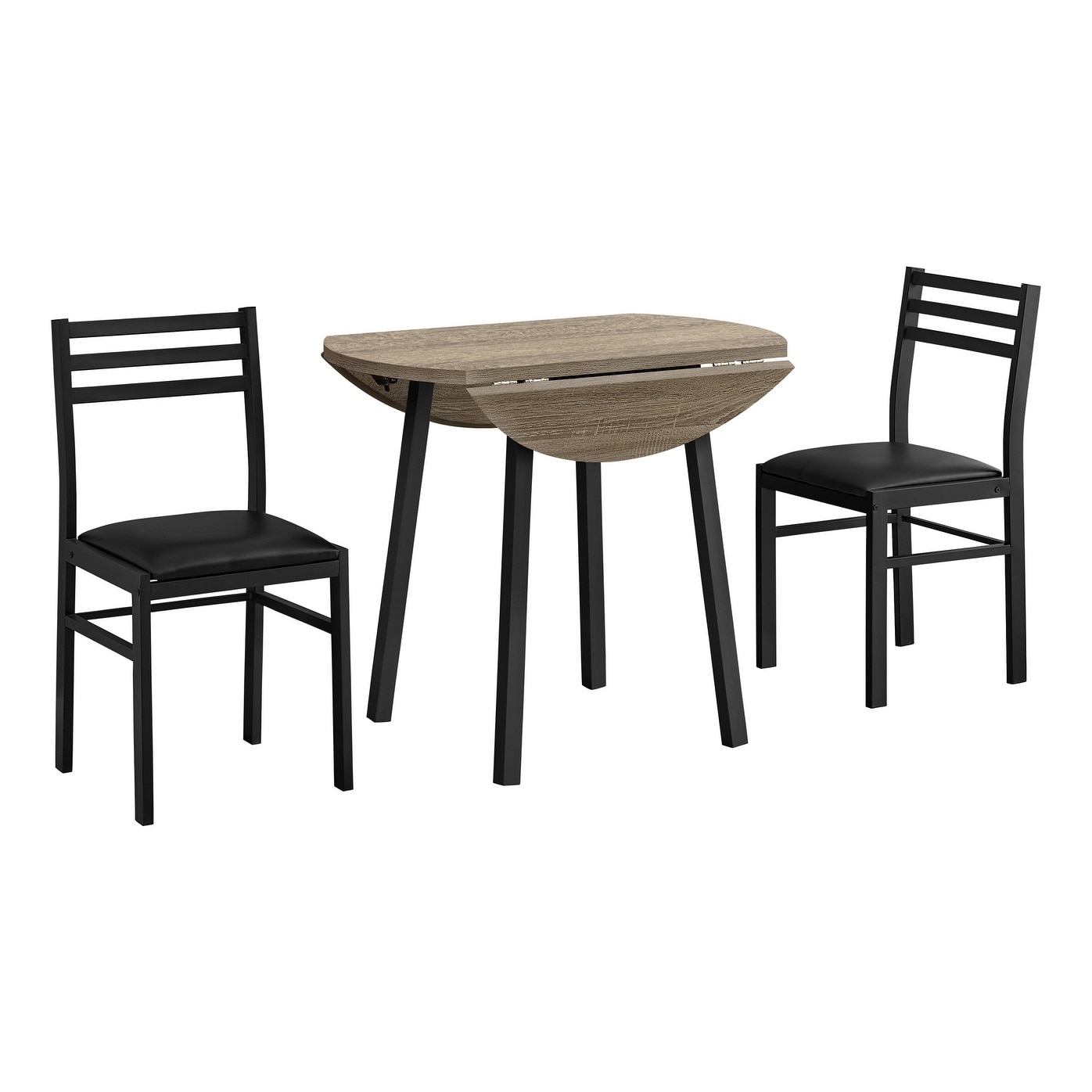 3-Piece Drop Leaf Dining Set, Small 35 Inch Table, Black Metal Frame, Contemporary Design