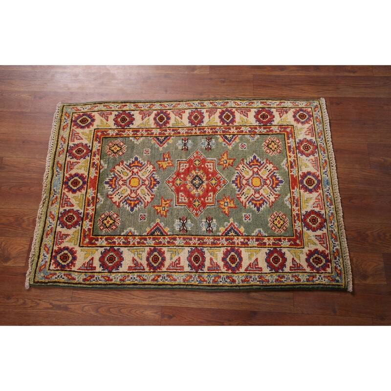 Geometric Kazak Foyer Rug Hand-Knotted Green Wool Carpet - 2'0" x 2'10"