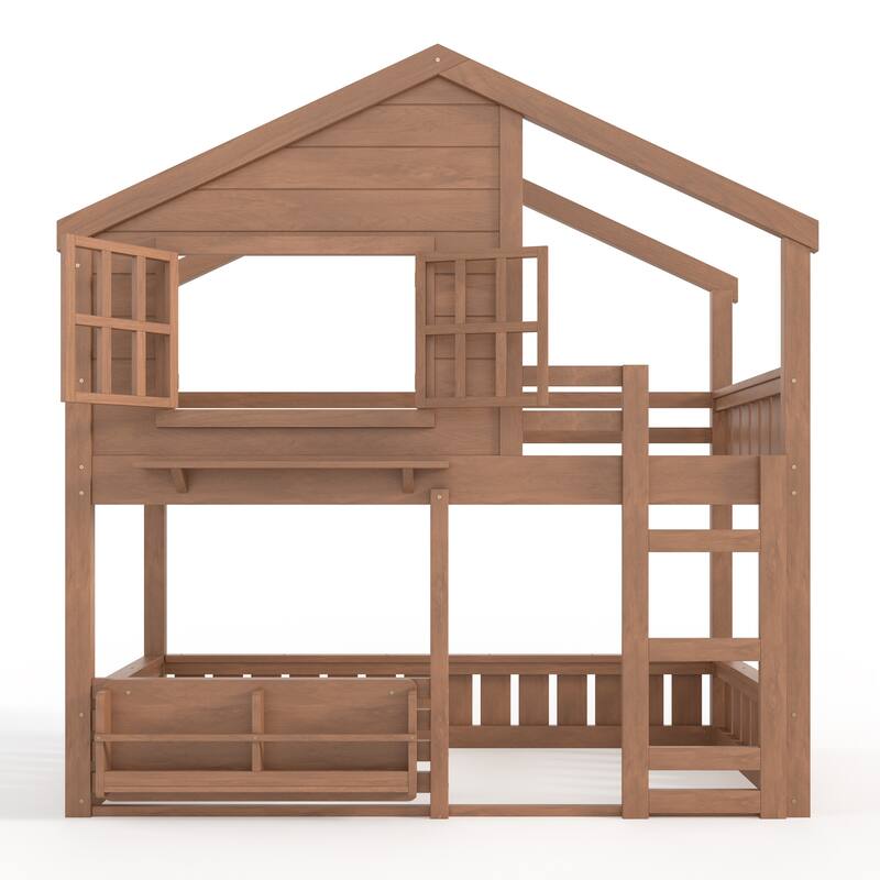Full/Twin Bunk Bed with Bookshelf, House Design Loft Bed with Safety Fencing, High-Quality Kids Bed Frame