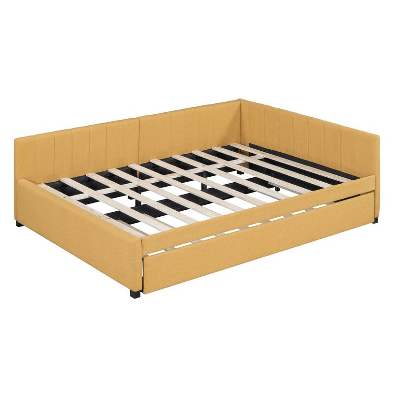 Full Size Linen Upholstered Daybed with Twin Trundle, Sturdy MDF Frame, No Box Spring Required, Perfect for Guests