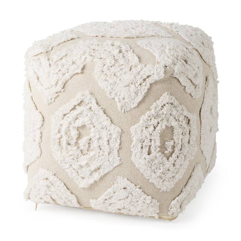 Mercana "Ekanta" Cream & Beige Patterned Cotton Square Pouf - Cream & Beige