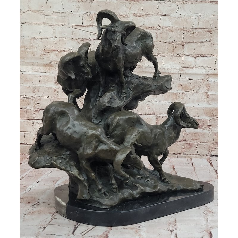 Dynamic Bronze Sculpture Of Rams On Rocky Outcrop – Wildlife Scene On Marble Base