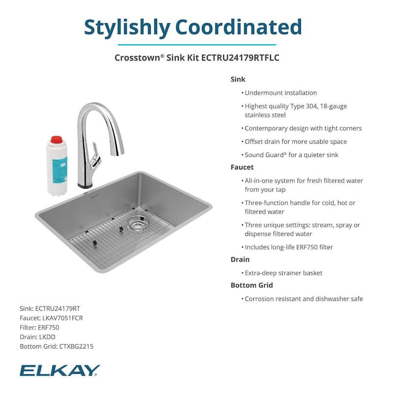 Elkay Crosstown 18 Gauge Stainless Steel 25-1/2" x 18-1/2" x 9", Single Bowl Undermount Sink Kit with Filtered Faucet