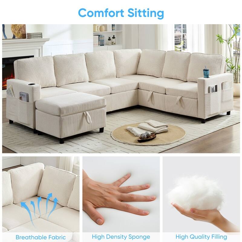 Mixoy 6 Seat U-Shaped Modular Sectional Sofa with Pull Out Bed, Sleeper Sofa Bed with Cup Holders & Storage