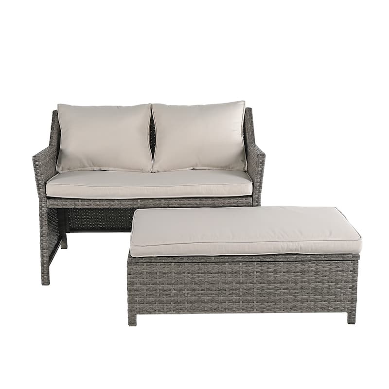 2-Piece Outdoor Patio Furniture Wicker Loveseat and Storage Ottoman
