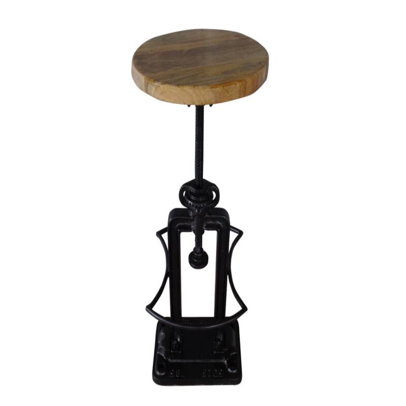 Black Iron and Mango Wood Round Adjustable Bar Stool with Footrest 27 Inch - 13" x 15” x 21” (D x W x H)