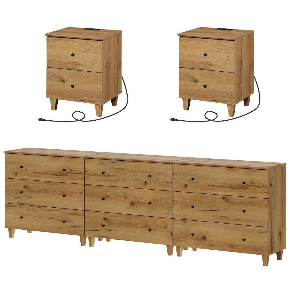 WAMPAT 9-Drawer Wide Dresser and Nightstands Set of 3 for Bedroom