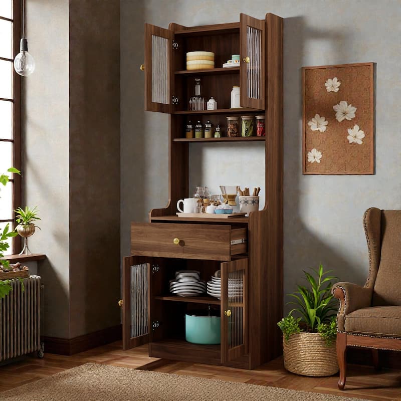 Farmhouse Kitchen Pantry Hutch with Microwave Stand, Freestanding Buffet Sideboard & Coffee Bar Cabinet with Storage