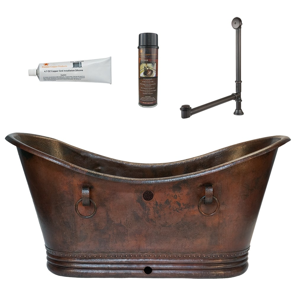 72" Hammered Copper Double Slipper Bathtub with Rings and Overflow Holes and Drain Package