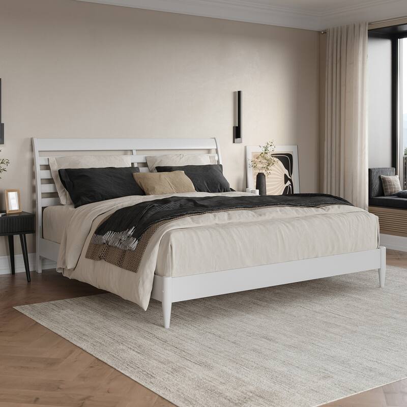 King Size Platform Bed - Solid Wood Low Profile Bed Frame - Rustic Recluse Design - White Finish