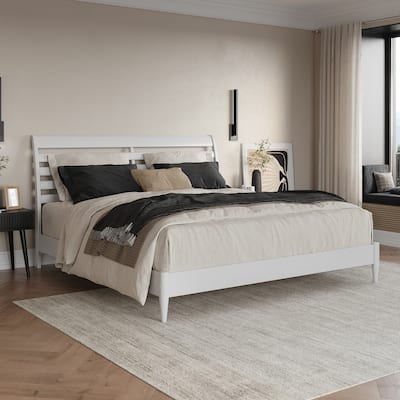 King Size Platform Bed - Solid Wood Low Profile Bed Frame - Rustic Recluse Design - White Finish
