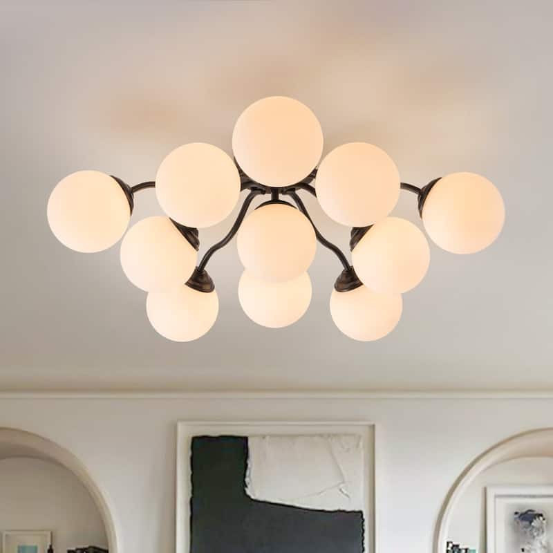 Modern 11-Light Frosted Glass Globe Wavy Arm Sputnik Semi-flush Mount - 30.7in - Black