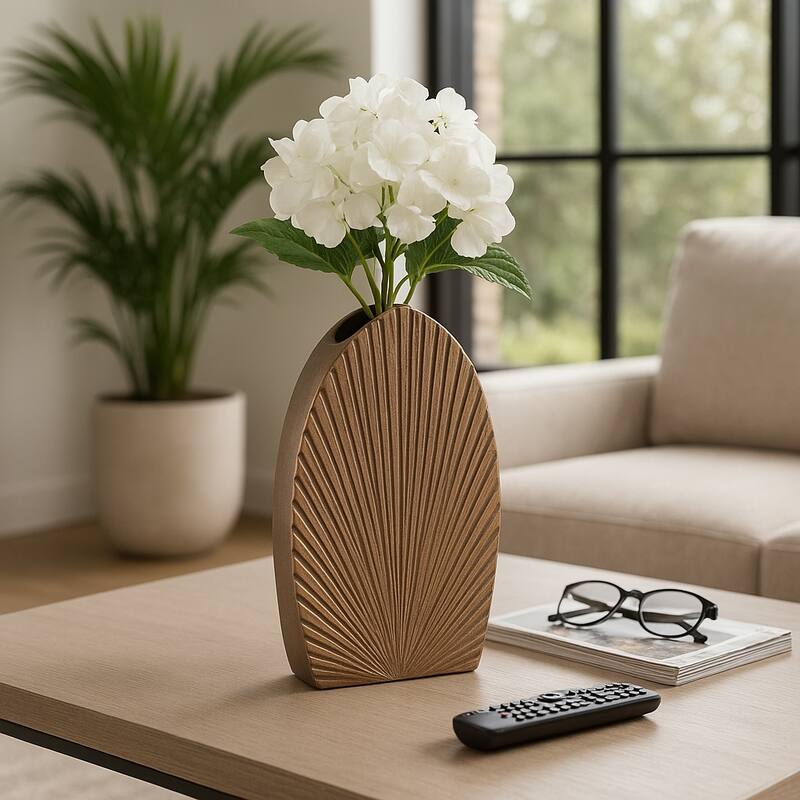 Decorative Metal Flower Vase With Grooved Detailing - Stylish Chic Home Accent Decor