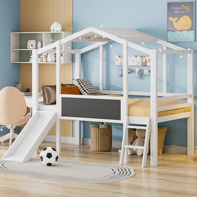 Kids Twin Loft Bed with Slide, Blackboard & Roof Light - Stylish, Durable & Safe House Bed Design