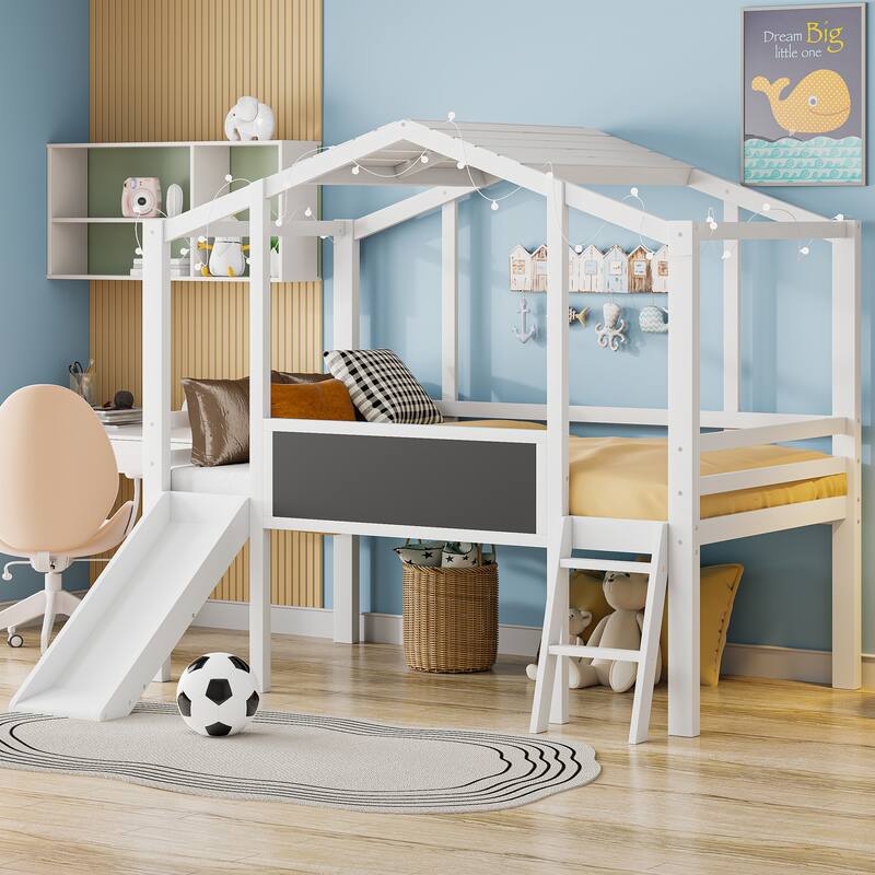 Twin Loft Bed with Slide, Ladder, Blackboard, and Light Strip, White and Gray - White