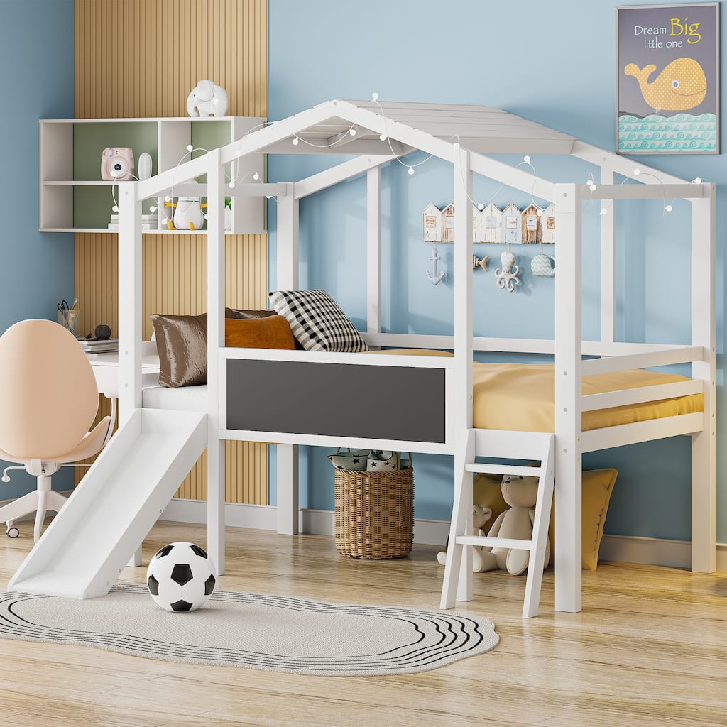 Twin Size Solid Wood Loft Bed with Ladder and Slide, House Bed with Blackboard and Light Strip on the Roof