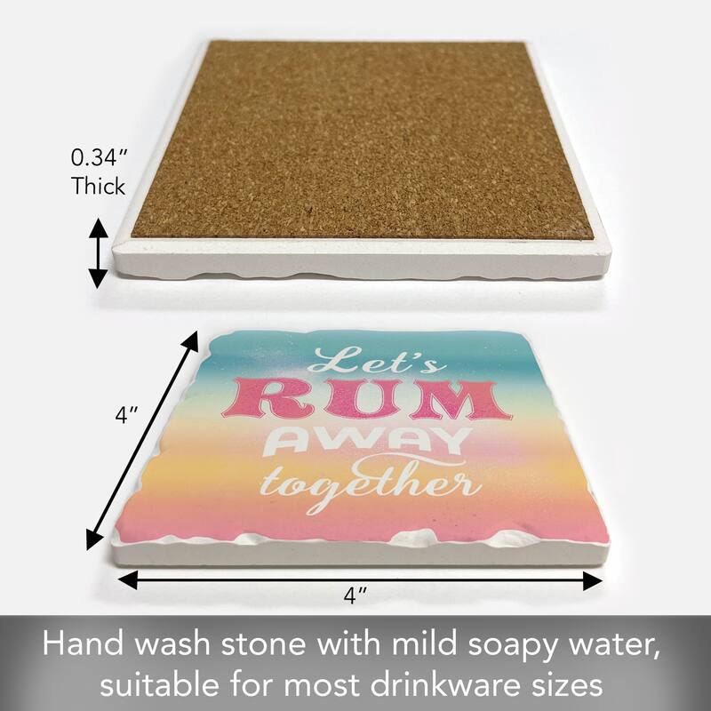 Rum Away 4 Pack Absorbent Stone Coasters with Cork Backing 4" Square Made in The USA Absorbent Wipes Clean