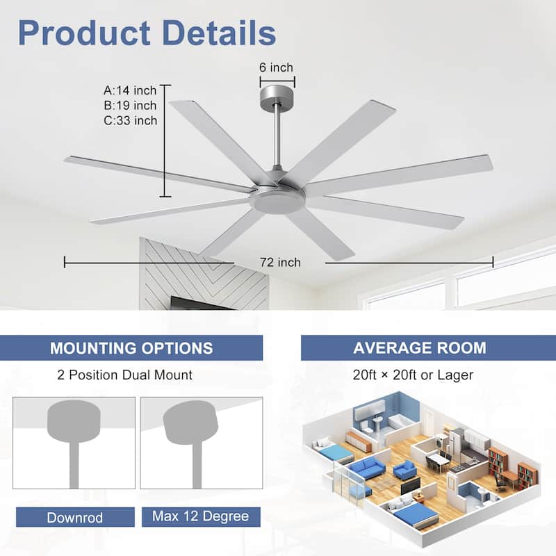Large Ceiling Fan without Light - 8-Blade, Remote App Control, Dimmable 3CCT LED, Quiet DC Motor​