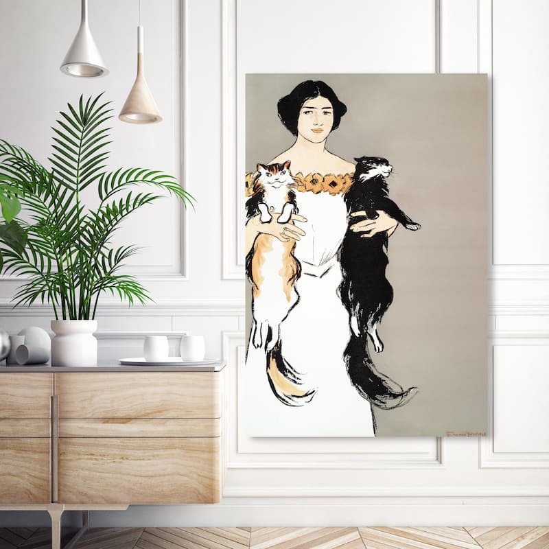 Wynwood Studio Canvas Animals Woman holding cats - Edward Penfield Gray and Modern & Contemporary Wall Art Canvas Print - 54 x 36