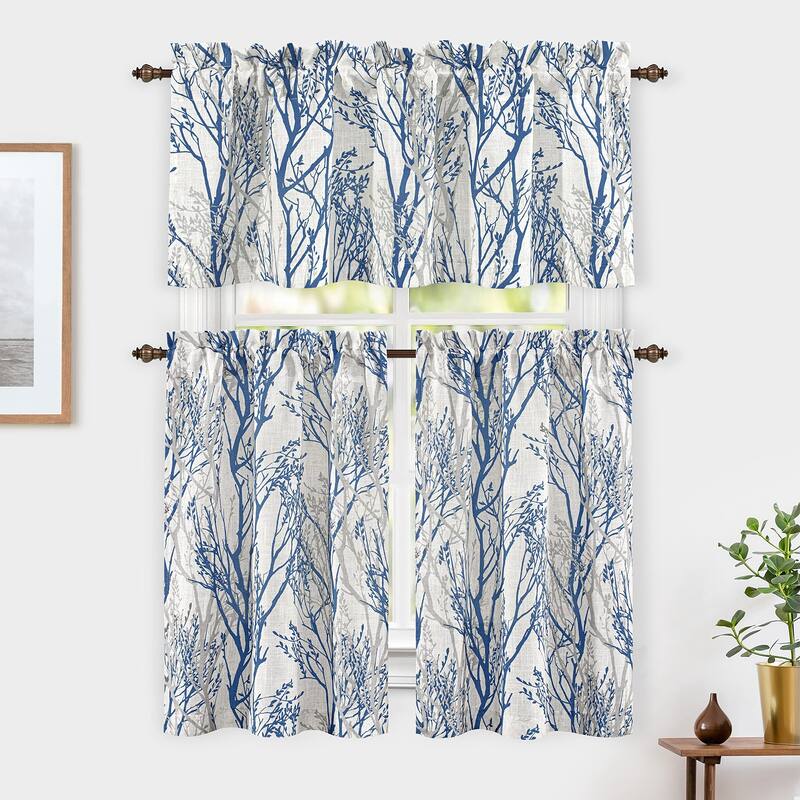 DriftAway Tree Branch Linen Blend Botanical Pattern 3 Pieces Semi Sheer Kitchen Set
