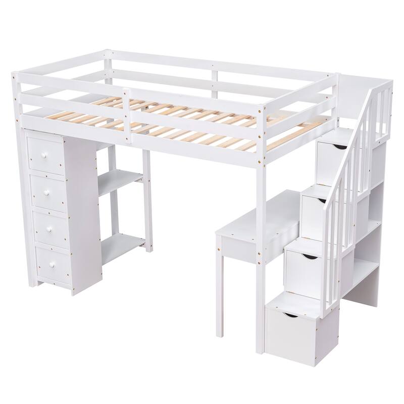 Twin Wooden Loft Bed with Desk and Drawers