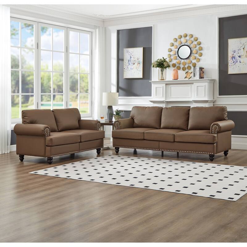 Roomfitters Modern Classic 2+3 Seater Sofa Set with Nailhead Trim, Upholstered Faux Leather Loveseat & Couch for Living Room