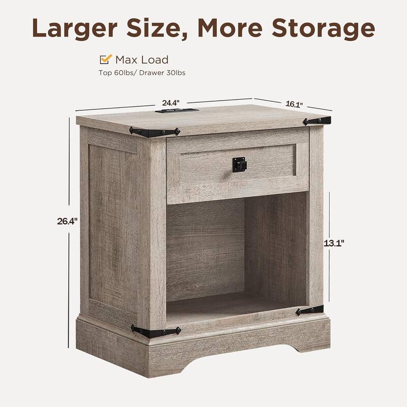 Farmhouse Nightstand with Charging Station，Beside Table for Bedroom