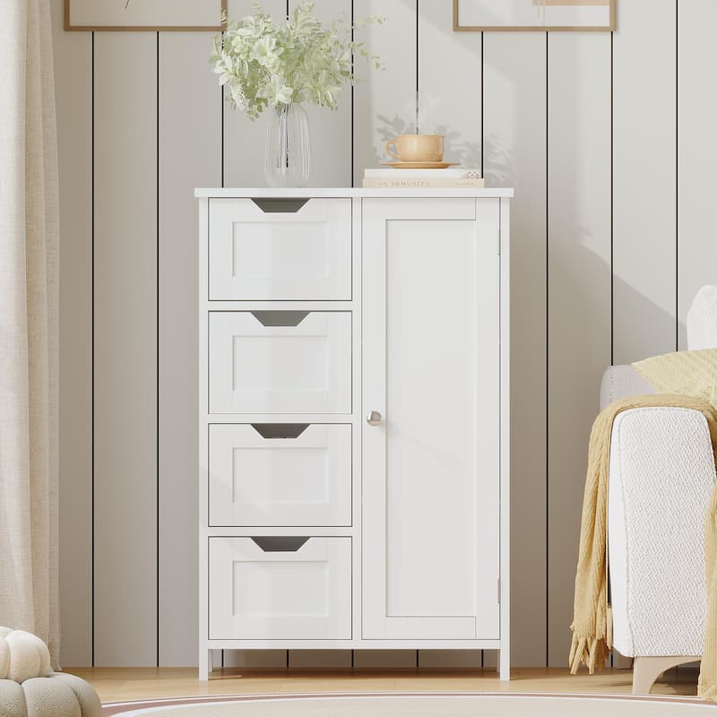 Bathroom Storage Cabinet with 4 Drawers and 1 Door, Freestanding Wooden Floor Organizer, Storage Cabinet for Small Spaces