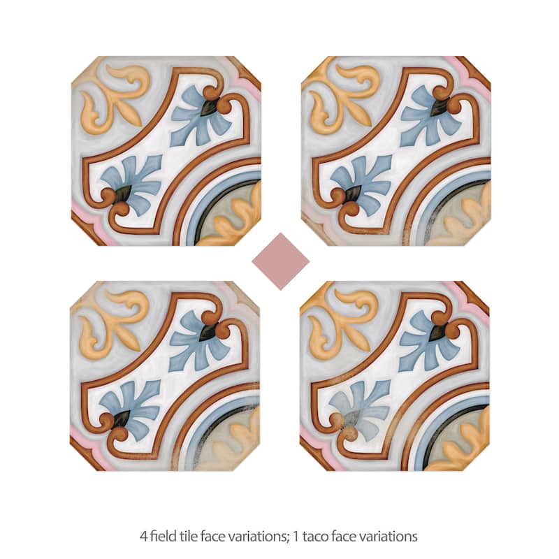 Merola Tile Vaudeville Octagon Deco Diglas with Taco Pink 7-7/8" x 7-7/8" Porcelain Floor and Wall Tile