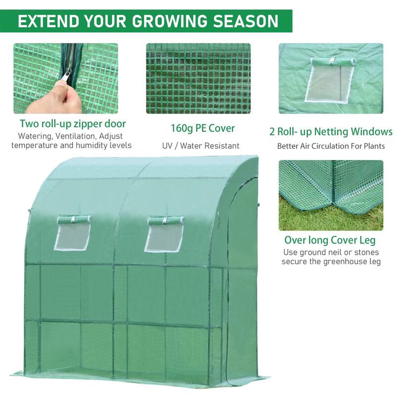 Aoodor 6.7' x 3.3' x 7.2' Lean-to Walk-in Greenhouse with Shelf and Durable PE Cover, Outdoor Garden House - 6.3 x 3.3 x 7.2 ft