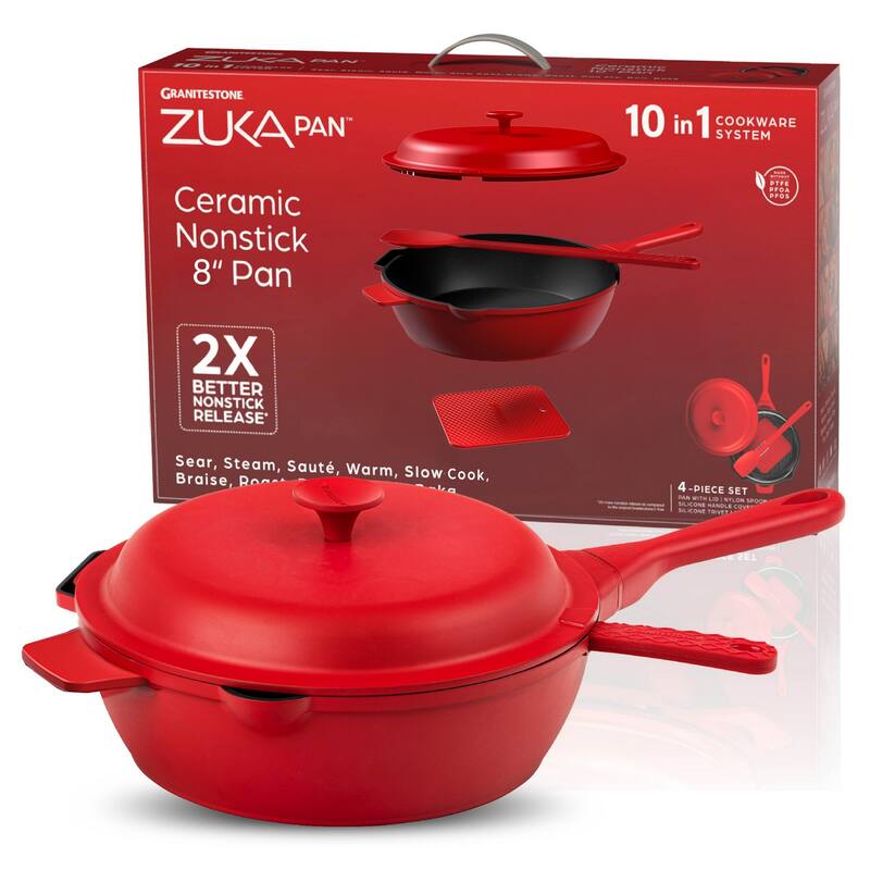 Granitestone Zuka Everyday Pan 4 Pc Nonstick 8" Multi-Functional Frying Pan Set with Lid Steamer & Utensils - Red