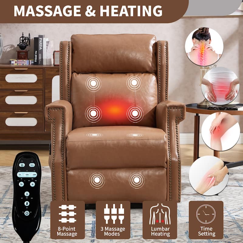 Roomfitters Manual Massage Recliner, Vintage Waxed Faux Leather Chair with Heat and 155-Degree Recline