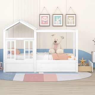 White Twin Size House Bed with Roof Window and Drawer