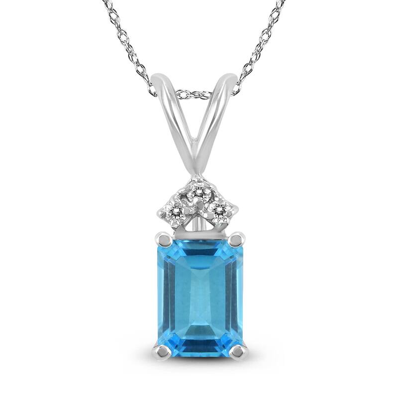 Marquee 14K White Gold 6x4MM Emerald Shaped Blue Topaz and Diamond Pendant